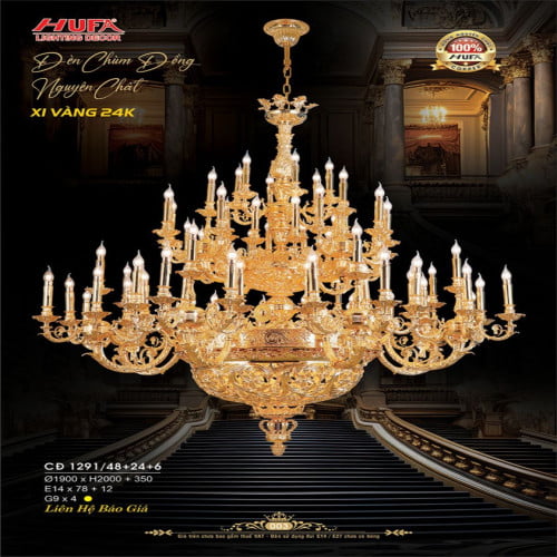 Đèn chùm đồng mạ vàng 24K Hufa CĐ 1291/48+24+6
