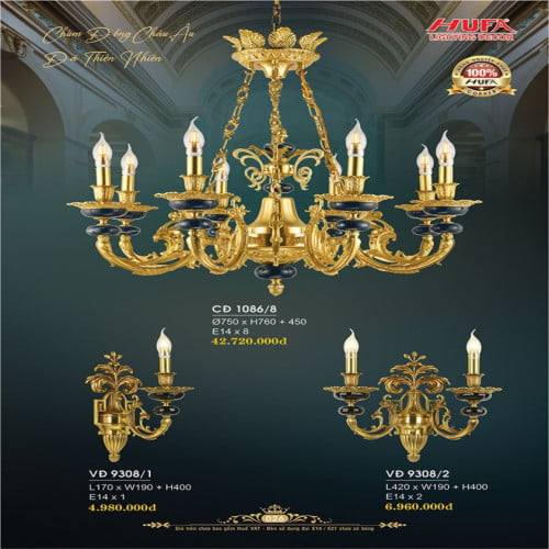 Đèn chùm đồng Hufa CĐ 1086/8, VĐ 9308/1, VĐ 9308/2