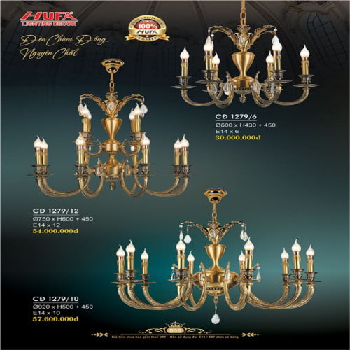 Đèn chùm đồng Hufa CĐ 1279/6, CĐ 1279/12, CĐ 1279/10