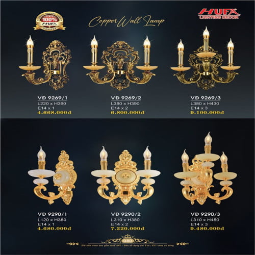 Đèn vách đồng Hufa VĐ 9269/1, VĐ 9269/2, VĐ 9269/3, VĐ 9290/1, VĐ 9290/2, VĐ 9290/3