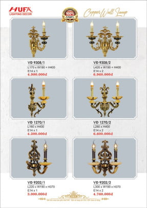 Đèn vách đồng Hufa VĐ 9202/1, VĐ 9202/2, VĐ 1270/1, VĐ 1270/2, VĐ 9308/1, VĐ 9308/2