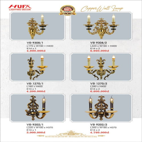 Đèn vách đồng Hufa VĐ 9202/1, VĐ 9202/2, VĐ 1270/1, VĐ 1270/2, VĐ 9308/1, VĐ 9308/2