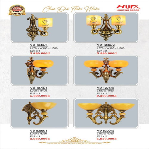 Đèn vách đồng Hufa VĐ 1246/1, VĐ 1246/2, VĐ 1274/1, VĐ 1274/2, VĐ 8300/1, VĐ 8300/2