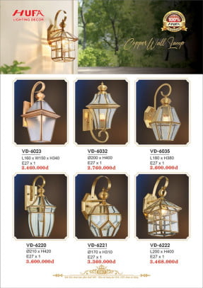 Đèn vách đồng Hufa VĐ 6220, VĐ 6221, VĐ 6222, VĐ 6023, VĐ 6032, VĐ 6035