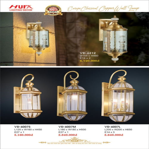 Đèn vách đồng Hufa VĐ 6007S, VĐ 6007M, VĐ 6007L, VĐ 6212