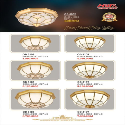 Đèn ốp trần đồng Hufa OĐ 3108, OĐ 3109