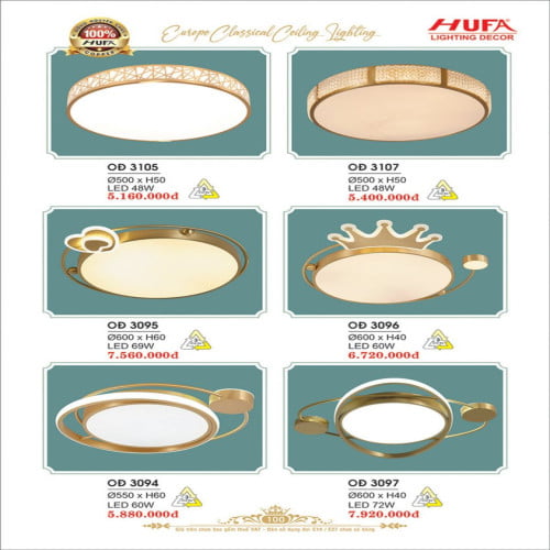 Đèn ốp trần đồng Hufa OĐ 3105, OĐ 3107, OĐ 3094, OĐ 3095, OĐ 3096, OĐ 3097
