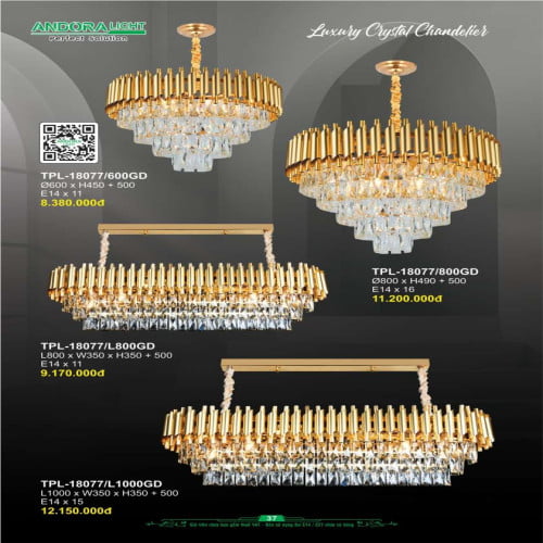 Đèn chùm Andora Light TPL-18077/L1000GD, TPL-18077/L800GD, TPL-18077/600GD, TPL-18077/800GD