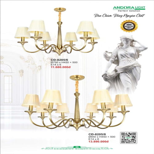 Đèn chùm đồng nguyên chất Andora Light CĐ-8205/6, CĐ-8205/8