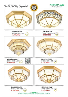 Đèn ốp trần đồng nguyên chất Andora Light MĐ-002S/450, MĐ-X0814/4, MĐ-X9933/300, MĐ-X9933/400, MĐ-X9931/400, MĐ-X9931/500