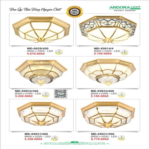 Đèn ốp trần đồng nguyên chất Andora Light MĐ-002S/450, MĐ-X0814/4, MĐ-X9933/300, MĐ-X9933/400, MĐ-X9931/400, MĐ-X9931/500