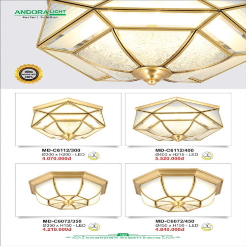 Đèn ốp trần đồng nguyên chất Andora Light MĐ-C6112/300, MĐ-C6112/400, MĐ-C6072/350, MĐ-6072/450