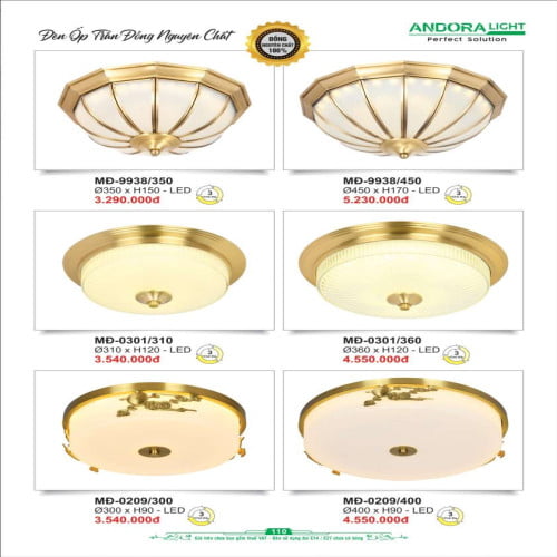 Đèn ốp trần đồng nguyên chất Andora Light MĐ-9938/350, MĐ-9938/450, MĐ-0301/310, MĐ-0301/360, MĐ-0209/300, MĐ-0209/400
