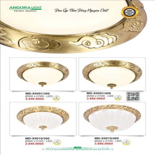 Đèn ốp trần đồng nguyên chất Andora Light MĐ-X0091/300, MĐ-X0091/400, MĐ-X0010/300, MĐ-X0010/400