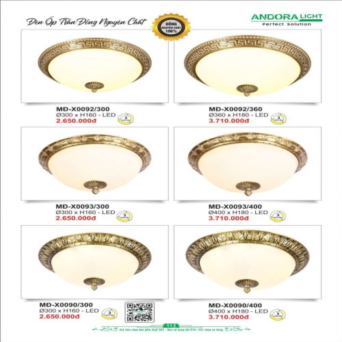 Đèn ốp trần đồng nguyên chất Andora Light MĐ-X0092/300, MĐ-X0092/360, MĐ-X0093/300, MĐ-X0093/400, MĐ-X0090/300, MĐ-X0090/400