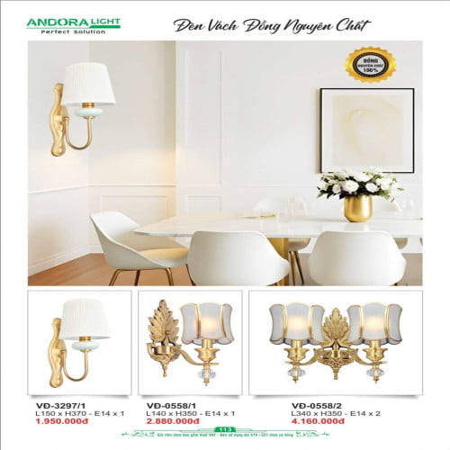 Đèn vách đồng nguyên chất Andora Light VĐ-3297/1, VĐ-0558/1, VĐ-0558/2