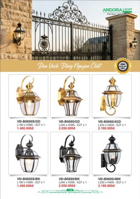Đèn vách đồng nguyên chất Andora Light VĐ-B0600S/GD, VĐ-B0689/GD, VĐ-B0600/4GD, VĐ-B0600S/BK, VĐ-B0689/BK, VĐ-B0600/4BK