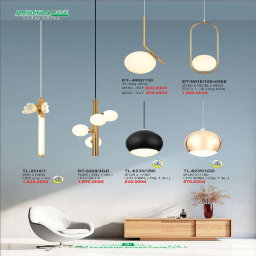 Đèn thả Andora Light ĐT-2216/1, ĐT-6208/4GD, ĐT-6235/1BK, ĐT-6235/1GD