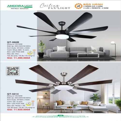 Quạt đèn trần Andora Light QT-066B, QT-5014