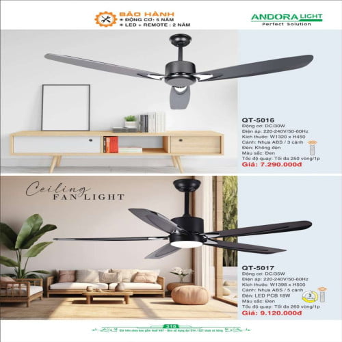 Quạt đèn trần Andora Light QT-5016, QT-5017