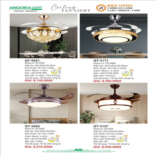 Quạt đèn trần Andora Light QT-5021, QT-2171, QT-2650, QT-2127