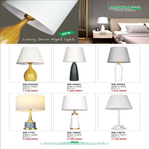 Đèn bàn Andora Light ĐB-3196, ĐB-930424, ĐB-20583, ĐB-20584, ĐB-7723, ĐB-19655, ĐB-19678