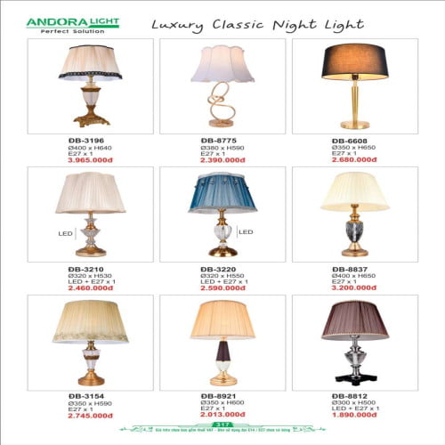 Đèn bàn Andora Light ĐB-3196, ĐB-8775, ĐB-6608, ĐB-3210, ĐB-3220, ĐB-8837, ĐB-3154, ĐB-8921, ĐB-8812