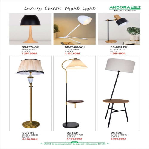 Đèn bàn Andora Light ĐB-2074-BK, ĐB-2046A/WH, ĐB-2087 BK, ĐC-3196, ĐC-5024, ĐC-5003