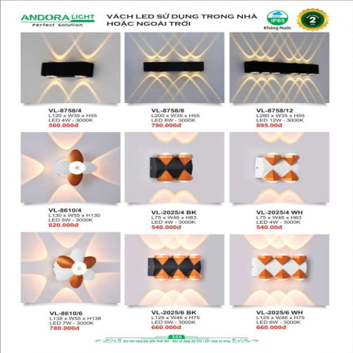 Đèn vách Andora Light VL-8758, VL-8610, VL-2025