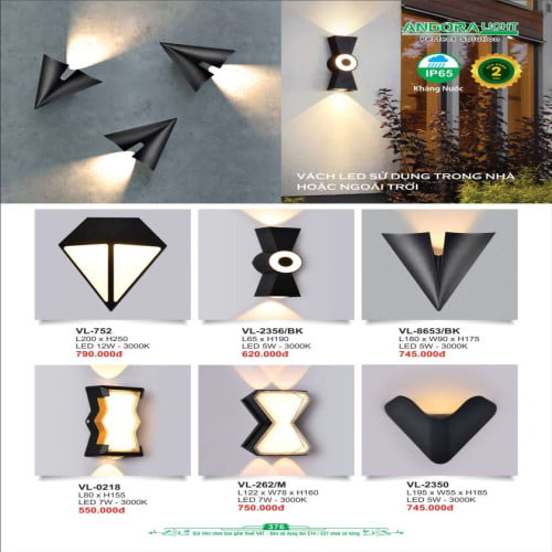 Đèn vách Andora Light VL-752, VL-2356/BK, VL-8653/BK, VL-0218, VL-262/M, VL-2350