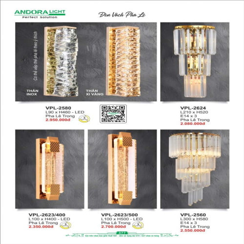 Đèn vách Andora Light VPL-2580, VPL-2624, VPL-2623/400, VPL-2623/500, VPL-2560