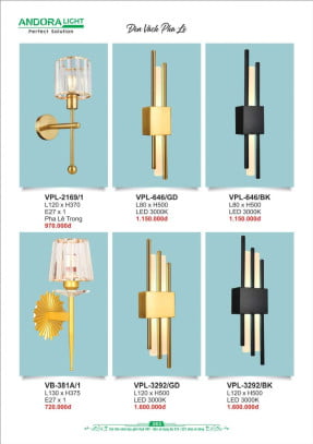 Đèn vách Andora Light VPL-2169/1, VPL-646/GD, VPL-646/BK, VPL-3292/GD, VPL-3292/BK, VB-381A/1