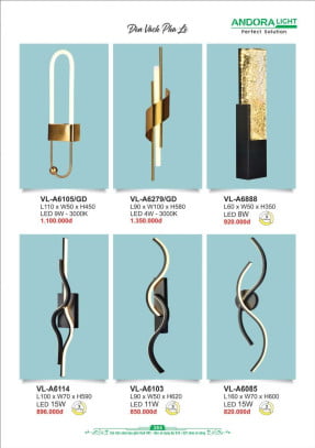 Đèn vách Andora Light VL-A6105/GD, VL-A6279/GD, VL-A6888, VL-A6114, VL-A6103, VL-A6085