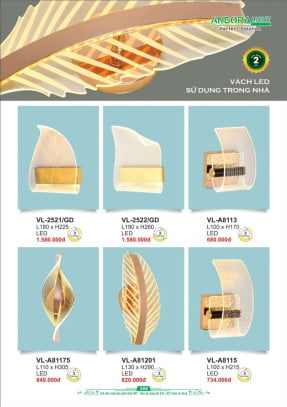 Đèn vách Andora Light VL-2521/GD, VL-2522/GD, VL-A8113, VL-A81175, VL-A81201, VL-A8115