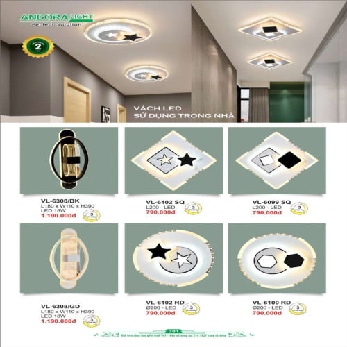 Đèn vách Andora Light VL-6308/BK, VL-6102 SQ, VL-6099 SQ, VL-6308/GD, VL-6102 RD, VL-6100 RD
