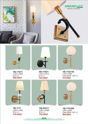 Đèn vách Andora Light VB-1767/1, VB-1795/1, VB-1743/150, VB-1717, VB-2527/1, VB-1743/200