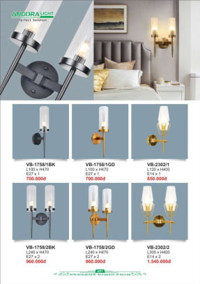 Đèn vách Andora Light VB-1758/1BK, VB-1758/1GD, VB-2302/1, VB-1758/2BK, VB-1758/2GD, VB-2302/2