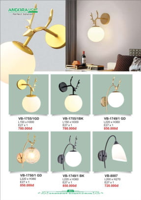 Đèn vách Andora Light VB-1755/1GD, VB-1755/1BK, VB-1749/1GD, VB-1750/1GD, VB-1749/1BK, VB-8007