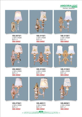 Đèn vách Andora Light VB-2974/1, VB-3110/1, VB-3139/1, VB-3065/1, VB-3110/2, VB-3139/2, VB-2756/1, VB-4001/1, VB-8859/1
