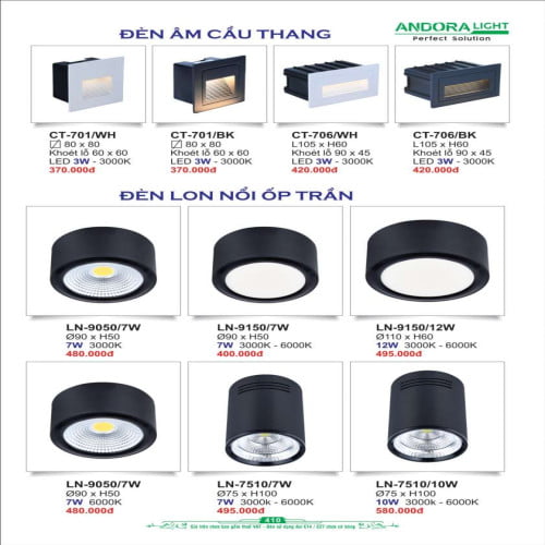 Đèn âm cầu thang, đèn lon lắp nổi Andora Light CT-701, CT-706, LN-9050, LN-7510