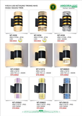 Đèn vách Andora Light NT-3252, NT-3234, NT-3239, NT-3106/2, NT-3107/2, NT-9080/2, NT-2359/2, NT-2360/2, NT-2361/2