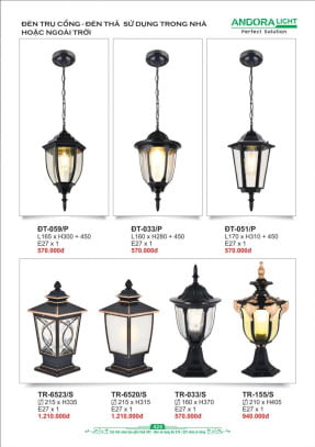 Đèn trụ cổng, đèn thả Andora Light ĐT-059/P, ĐT-033/P, ĐT-051/P, TR-6523/S, TR-6520/S, TR-033/S, TR-155/S