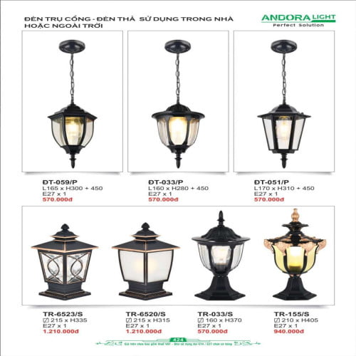 Đèn trụ cổng, đèn thả Andora Light ĐT-059/P, ĐT-033/P, ĐT-051/P, TR-6523/S, TR-6520/S, TR-033/S, TR-155/S