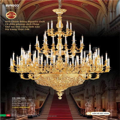 Đèn chùm đồng nguyên chất, chế tác thủ công tinh xảo, mạ vàng 24K Euroto CD-388/108