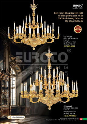 Đèn chùm đồng nguyên chất, chế tác thủ công tinh xảo, mạ vàng 24K Euroto CD-384/30, CD-385/45