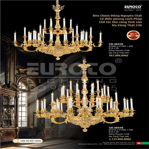 Đèn chùm đồng nguyên chất, chế tác thủ công tinh xảo, mạ vàng 24K Euroto CD-384/30, CD-385/45