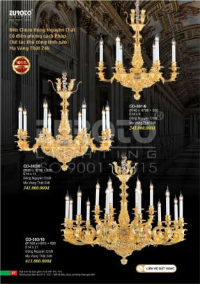 Đèn chùm đồng nguyên chất, chế tác thủ công tinh xảo, mạ vàng 24K Euroto CD-381/6, CD-382/8, CD-383/18
