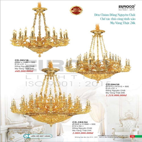 Đèn chùm đồng nguyên chất, chế tác thủ công tinh xảo, mạ vàng 24K Euroto CD-393/18, CD-394/35, CD-395/54