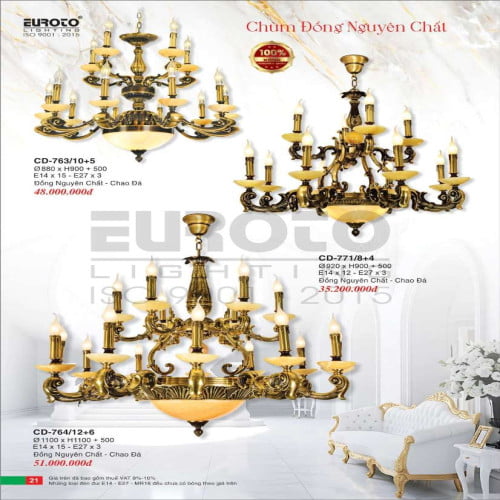 Đèn chùm đồng Euroto CD-763/10+5, CD-771/8+4, CD-764/12+6