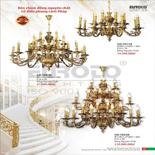 Đèn chùm đồng Euroto CD-101/16, CD-102/30, CD-103/49